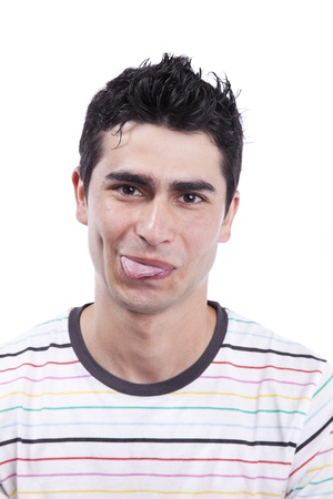 Caucasian man with his tongue out (isolated on white)の写真素材