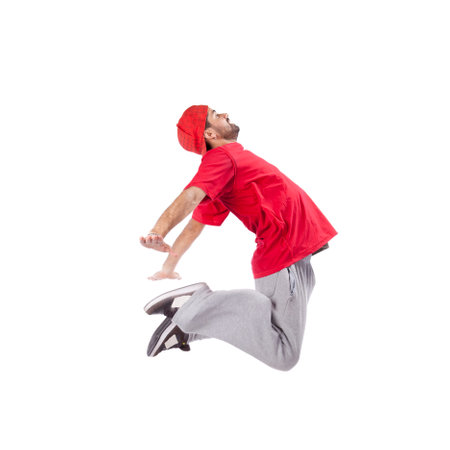 hip hop dancer performing movement isolated over white backgroundの写真素材