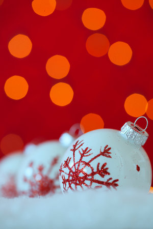 red and white christmas ornament background (selective focus)の写真素材