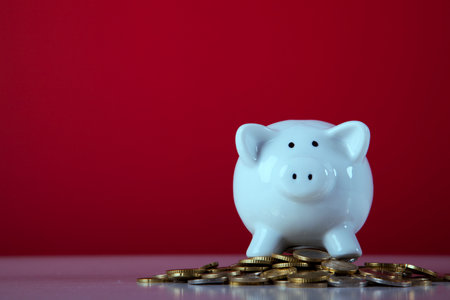 Piggybank over many coins with a red backgroundの写真素材