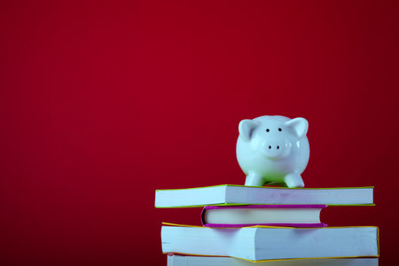 piggy bank over a stack of colorful books with a red backgroundの写真素材