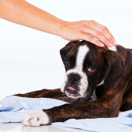 Hand cares a boxer dog at studioの写真素材