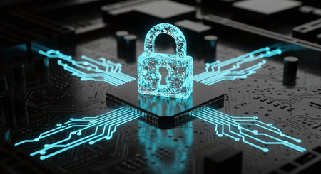 A glowing blue padlock sits atop a computer circuit board, surrounded by neon lights, symbolizing...