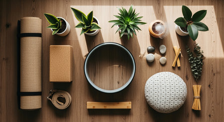A collection of yoga and wellness essentials arranged on a wooden floor, including a yoga mat,...