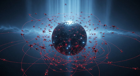 A digital art image of a glowing sphere surrounded by red robotic insects and lines in space with...