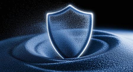 A glowing blue shield icon with sparkling particles on a dark background, symbolizing protection and...