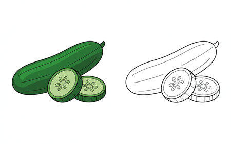 A delightful illustration featuring both a vibrantly colored whole cucumber and its fresh slices, along with a crisp black outline version suitable for children's coloring books and educational activities.のイラスト素材