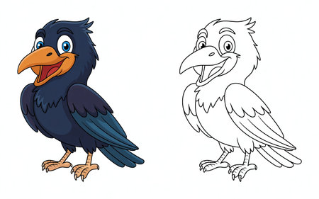 This image features a joyful cartoon crow in full color standing next to its black and white outline counterpart, perfect for children's illustrations and creative projects.のイラスト素材