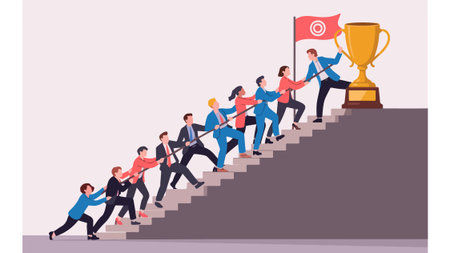 Business team pulls rope up staircase to a trophy and flag. Conceptual flat illustration of...