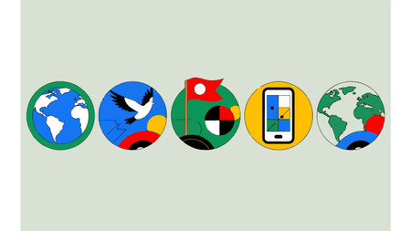 Abstract flat design illustration showcasing global themes, nature, technology, and sports icons in...