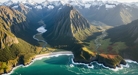 Breathtaking aerial view showcasing a dramatic coastal landscape where rugged, snow-capped mountains meet a tranquil valley, winding river, and vibrant ocean.