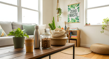 Bright living room showcases a sustainable zero-waste lifestyle with reusable items and houseplants, promoting eco-conscious choices
