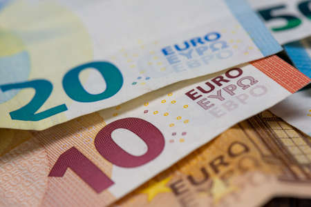 Close-up view on euro bank notes with the word euro