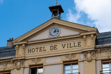 SÃ¨vres, France - February 26, 2021: Exterior view of the town hall of the city of SÃ¨vres. "Town hall" written in French on the top of the buildingのeditorial素材