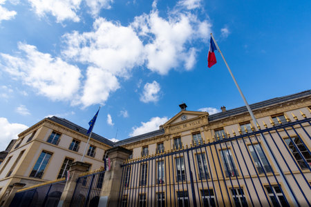 SÃ¨vres, France - February 26, 2021: Exterior view of the town hall of the city of SÃ¨vres. "Town hall" written in French on the top of the buildingのeditorial素材