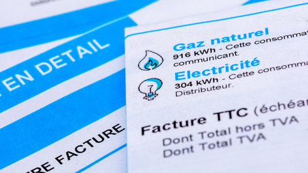 Rise of energy prices in France: close-up of a French invoice with details of the natural gas and electricity consumptions to be paid measured in kWhの写真素材