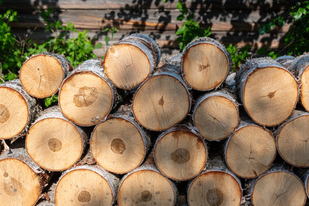 Firewood logs cut and stacked in the springtime to dry outdoors and meant to be burned in wood stoves and fireplaces to heat homes during winterの写真素材
