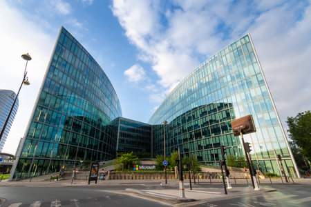 Issy-les-Moulineaux, France - July 2, 2023: Facade of the French headquarters of Microsoft, an American multinational corporation that develops and markets computer softwareのeditorial素材