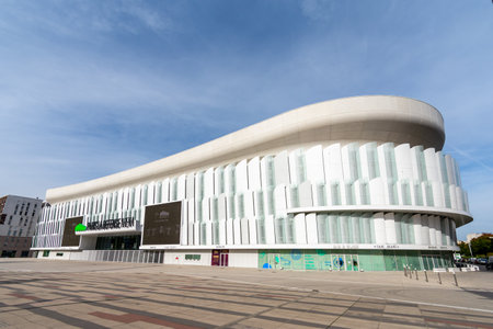 Nanterre, France - October 9, 2023: View of Paris La DÃ©fense Arena, aka U Arena. Paris La DÃ©fense Arena is an indoor multi-purpose sports stadium and concert hallのeditorial素材