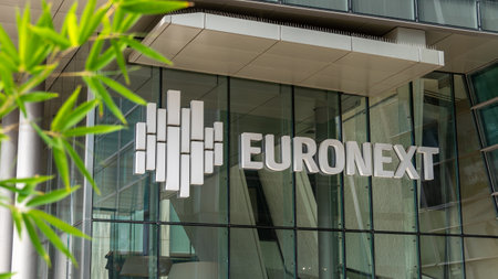 Courbevoie, France - October 9, 2023: Sign and logo at the entrance to the Euronext building in...