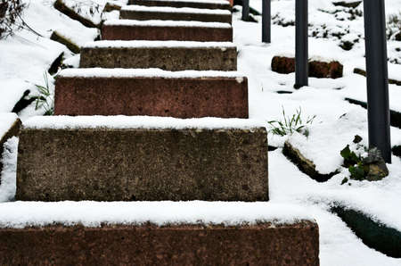 snow on stairsの写真素材