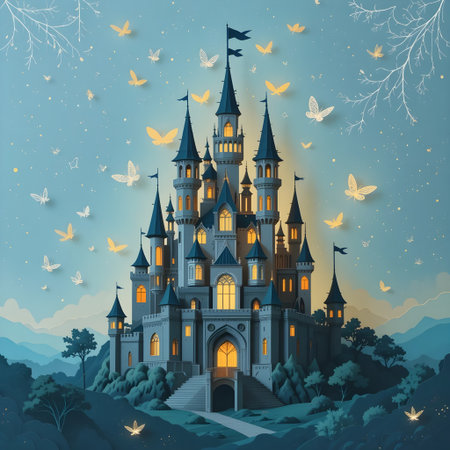 Fairytale castle in the forest with butterflies. Vector illustration.の素材