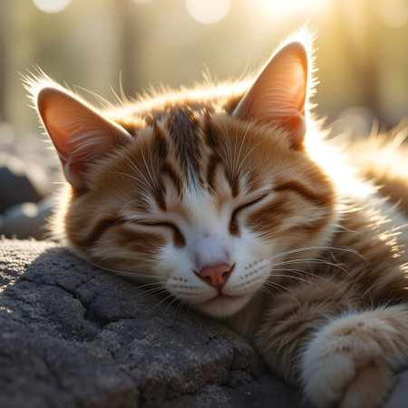 Cute cat sleeping on the ground with sunlight in the morning.の素材