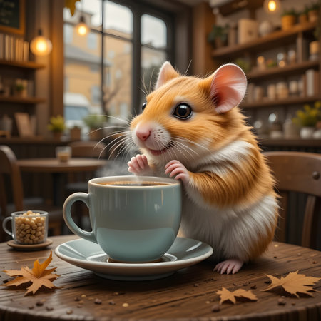 Cute hamster with a cup of coffee in a cafe.の素材