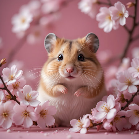 Cute hamster with cherry blossom flowers on pink background.の素材