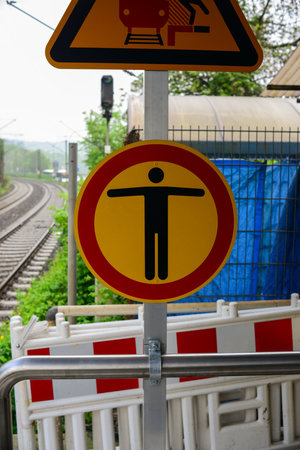 Traffic sign on the railway, waiting for the train to arriveの写真素材