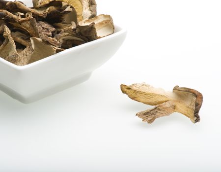 Dried Porcini Mushrooms In A White Dish on A White Backgroundの写真素材