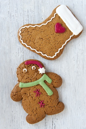 A Gingerbread Man and Gingerbread Stocking, Made Ready For Christmas.の写真素材