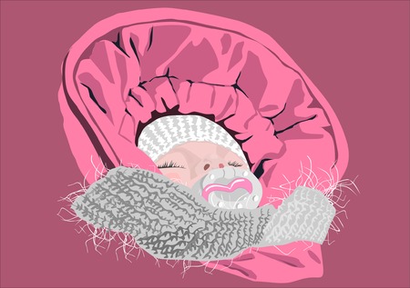 The head of a sleeping baby girl in the  hood with a dummyのイラスト素材