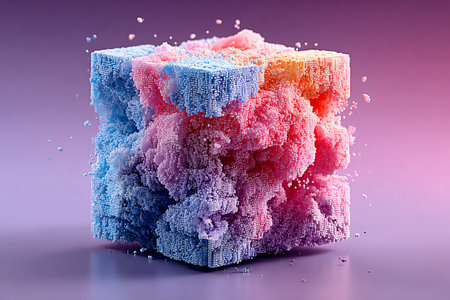 Abstract cube formed by countless tiny spheres in shades of blue pink and orange floats against a soft gradient background creating a modern artistic visual representation.の写真素材