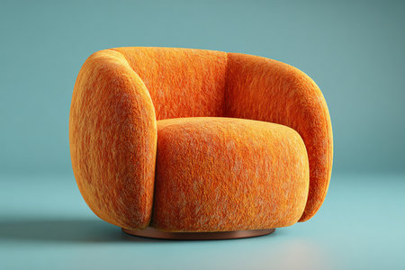 Armchair features a vibrant orange color and soft textured fabric showcasing modern furniture design against a cool blue background creating a cozy and stylish atmosphere for interior decor.の写真素材