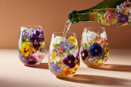 Wine pours into glasses containing edible flowers creating a refreshing and visually stunning beverage perfect for celebrations or adding an elegant touch to any occasion with its vibrant colors.の写真素材
