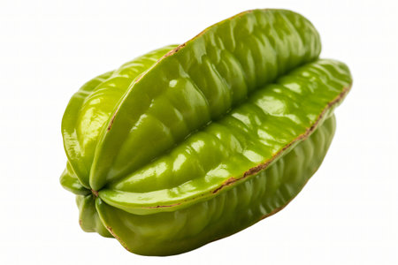 Star fruit displays its vibrant green color and distinctive star shape against a clean white background highlighting its freshness and appeal as a healthy tropical fruit.の写真素材