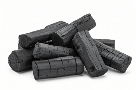 Charcoal briquettes are stacked on a white background ready for grilling or artistic drawing providing fuel for cooking and a rough texture for art projects.の写真素材