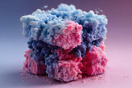 Cubic structure displays an abstract arrangement of pink and blue blocks creating a visually striking modern design suitable for backgrounds or artistic projects with its soft pastel colors.の写真素材