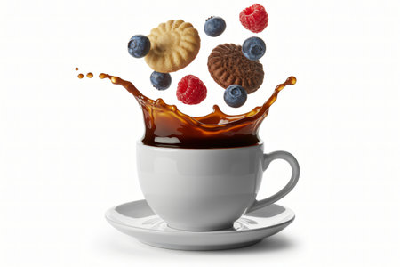 Coffee splashes dramatically in a white cup as cookies and berries fall around it creating a dynamic food still life against a clean white background perfect for illustrating breakfast or a sweet treの写真素材