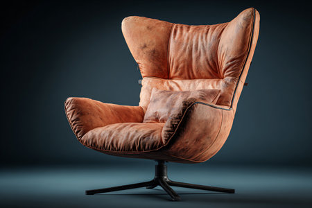 Armchair features a brown leather wingback design with a matching pillow set against a dark studio backdrop showcasing its elegant style and luxurious comfort for interior design projects.の写真素材