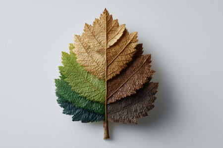 Autumn leaf displays a gradient of color from vibrant green to rich brown symbolizing seasonal change the cycle of life and the beauty of nature's transition.の写真素材
