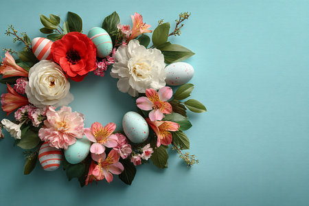 Easter wreath features pastel colored flowers and decorated eggs arranged on a light blue backdrop symbolizing springtime renewal and festive holiday celebrations perfect for cards.の写真素材