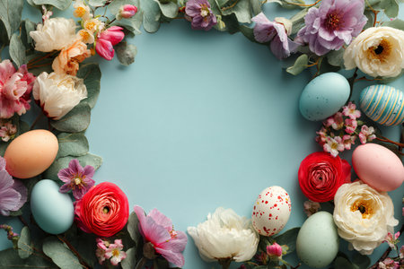 Easter eggs surrounded by colorful flowers and greenery frame a light blue background creating a festive spring holiday theme perfect for greeting cards or seasonal designs.の写真素材