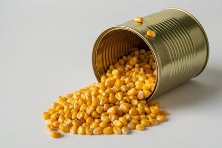 Canned corn spills from a golden metal can onto a white surface showcasing a simple food ingredient perfect for illustrating cooking recipes or healthy eating concepts with its vibrant yellow color.の写真素材