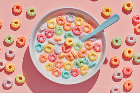 Cereal rings in milk are displayed in a white bowl with a blue spoon against a pink backdrop creating a vibrant and playful image perfect for breakfast advertisements or illustrating childhood memoriの写真素材