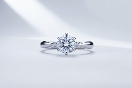 Ring features a brilliant solitaire diamond set in a platinum band with six prongs against a clean white backdrop symbolizing love commitment and the promise of forever.の写真素材