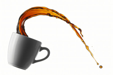 Coffee spills from a white mug in a dynamic arc against a white background showing the fluid motion and the potential for a messy accident.の写真素材