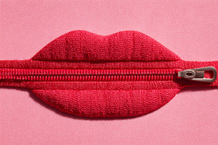 Zipper shaped like lips in red against a pink backdrop symbolizes silence and being muted representing secrets hidden truths and suppressed expression in a conceptual and artistic way.の写真素材
