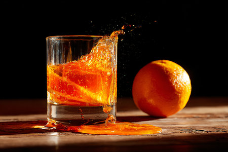 Orange slices create a dynamic splash in a glass of juice beside a whole orange on a rustic wooden table against a stark black backdrop showcasing the vibrant colors and refreshing nature of the citrの写真素材